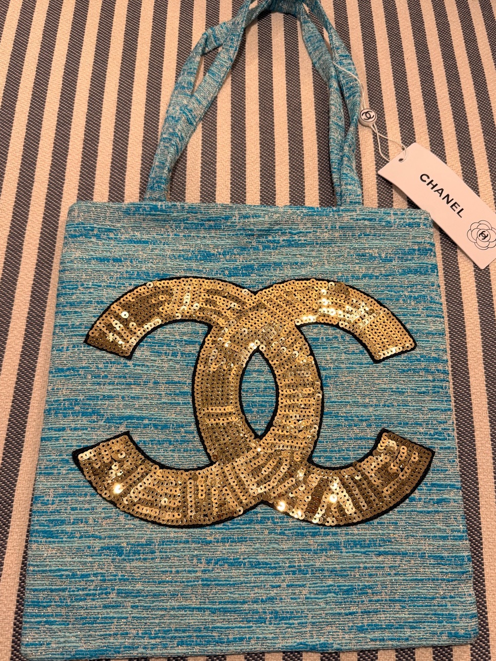 CHANEL GWP (RARE) Cute, Fun Turquoise Blue Sequin CC Tote 🪙💙🪙💙